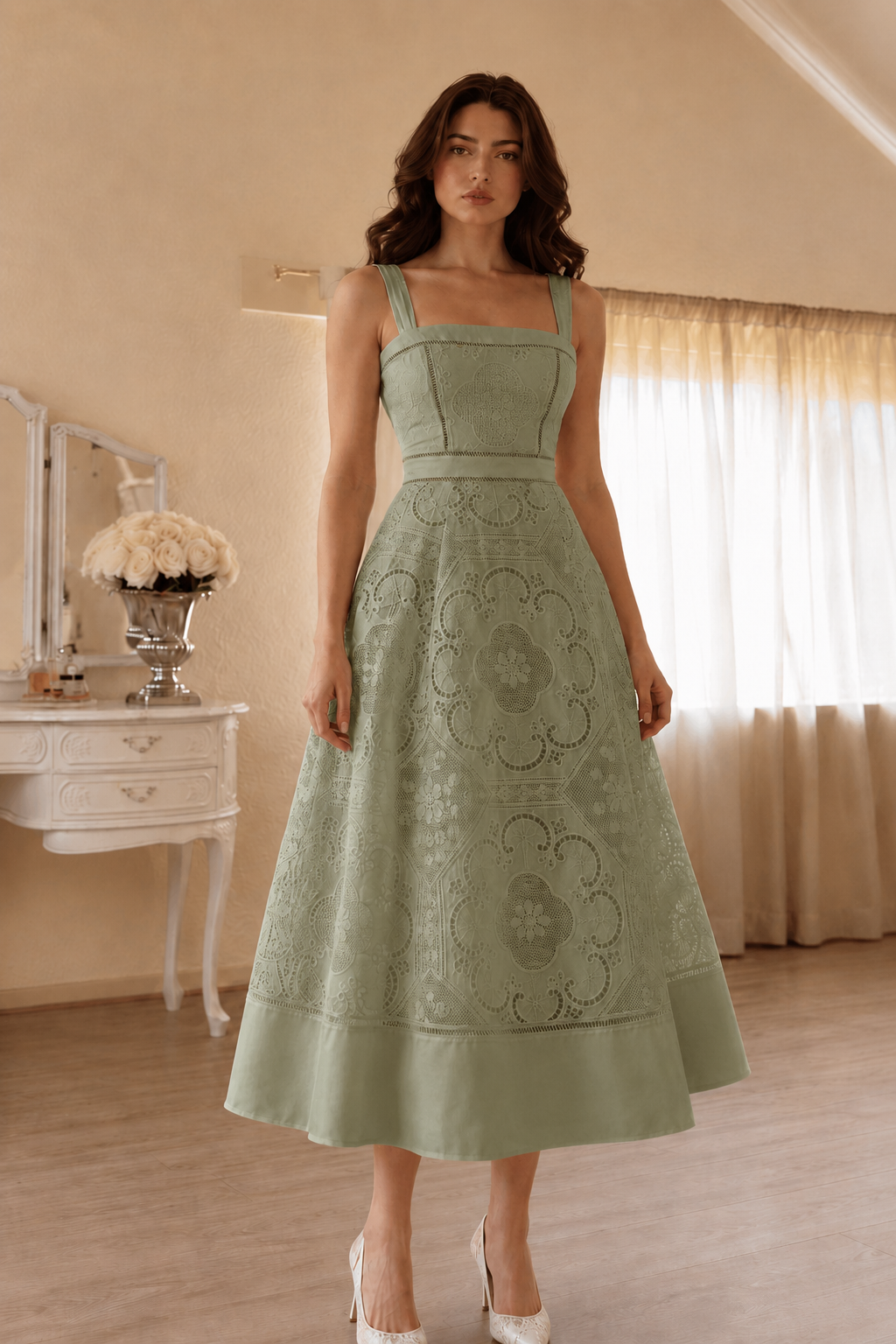 Square Neck Lace Midi Wedding Guest Dress