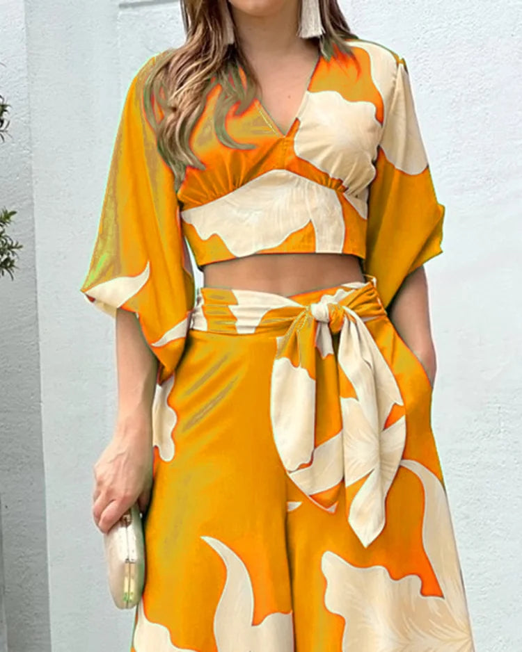 Print V-Neck Long Sleeve Top & Wide Leg Pants Two-Piece Set