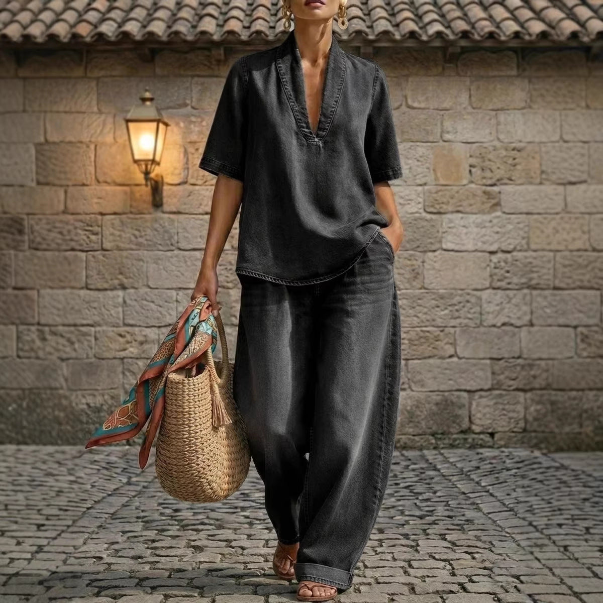 Retro V-Neck Denim Set Loose Half-Sleeve Top And Wide-Leg Pants Two-Piece