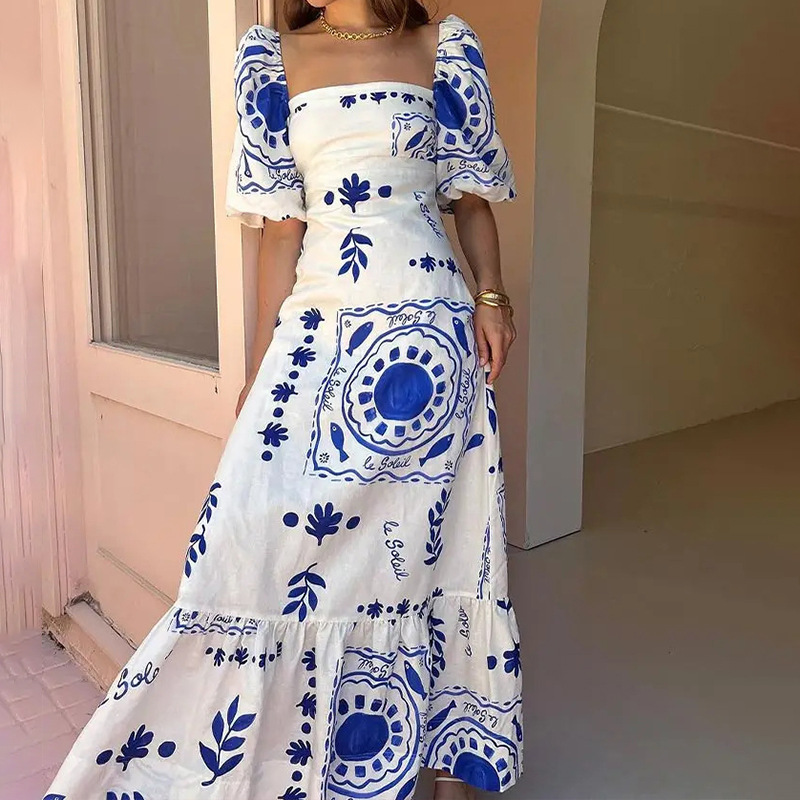 Linen Blend Unique Print Square Neck Bubble Sleeve Maxi Dress