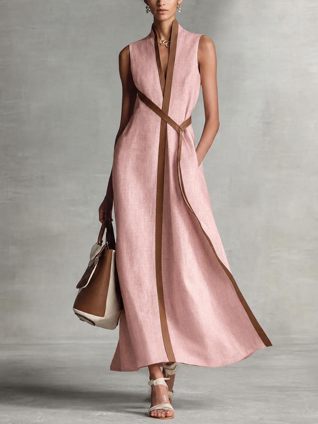 Trim Belted Sleeveless Linen Maxi Dress