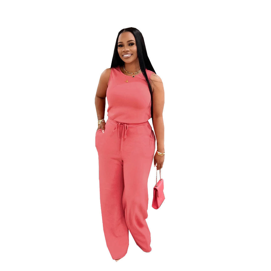 Casual Solid-Colored Lace-Up Jumpsuit