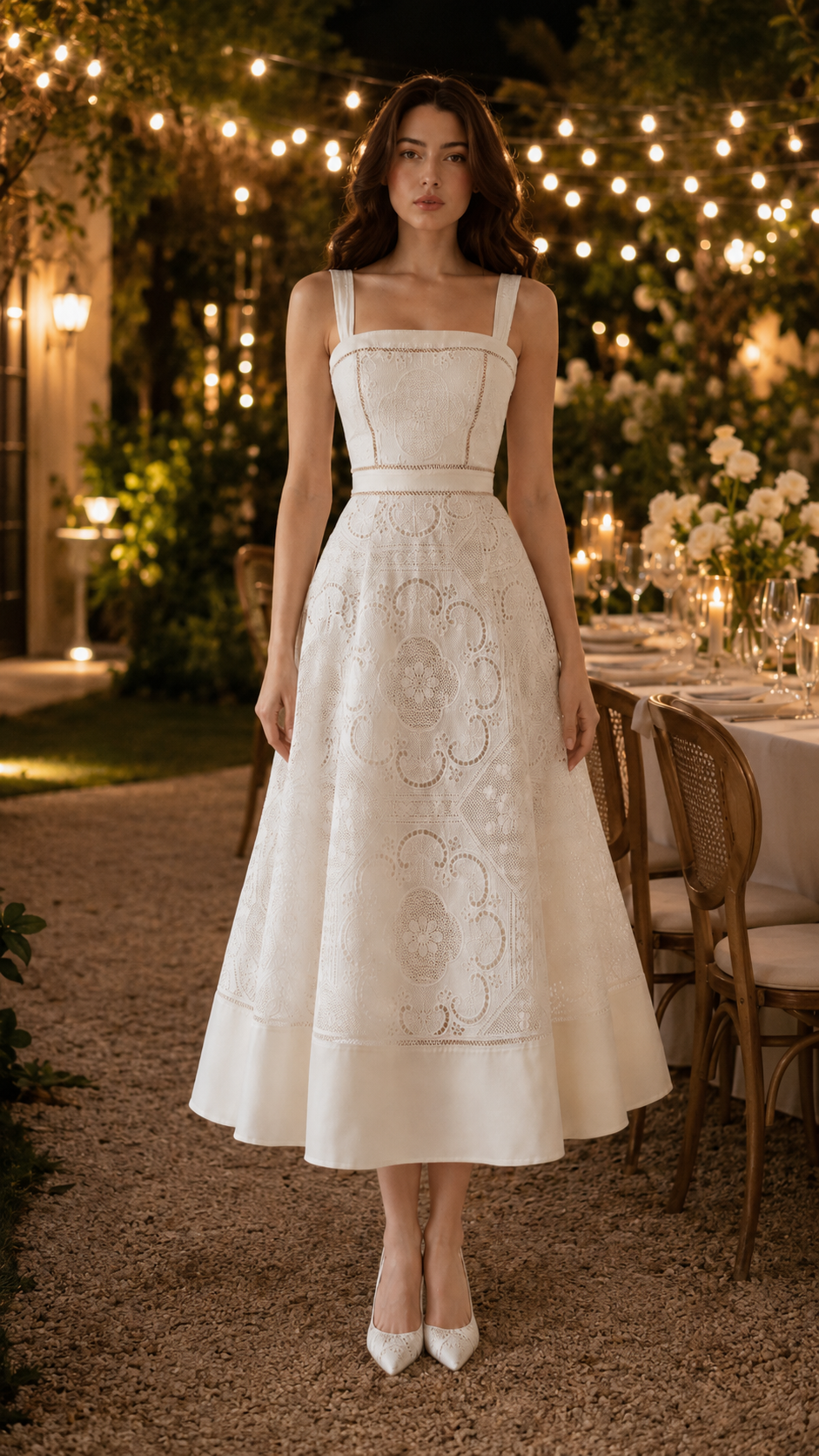 Square Neck Lace Midi Wedding Guest Dress