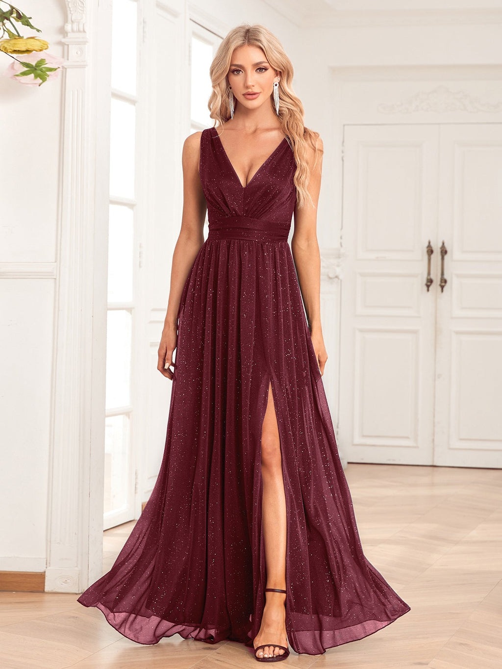 Double V-Neck A-Line Floor-Length Maxi Dress With Side Slits