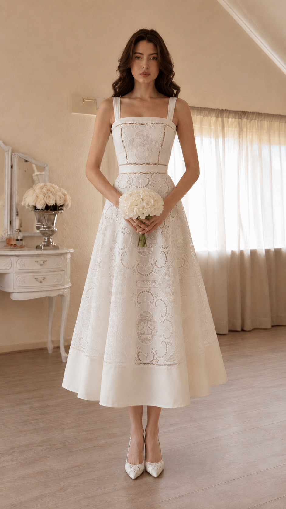 Square Neck Lace Midi Wedding Guest Dress