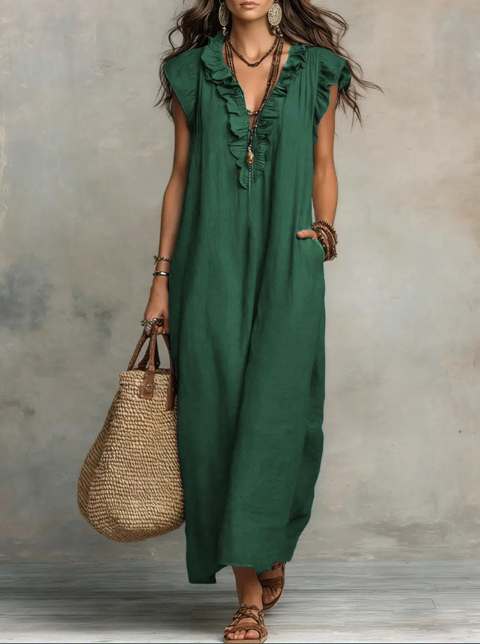 Bohemian Floor-Length Maxi Dress With Flutter Sleeves