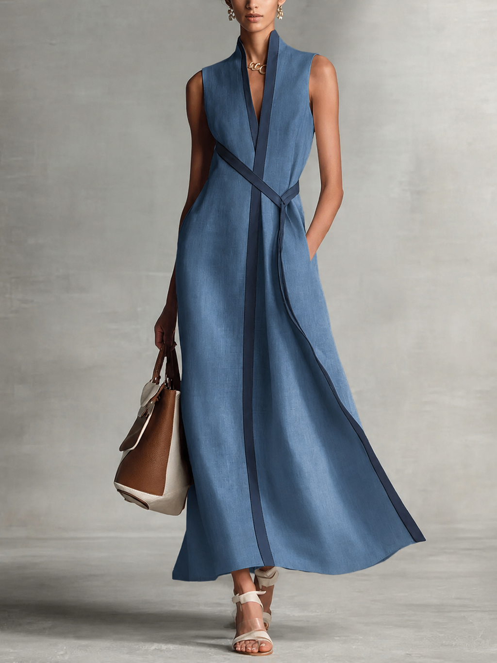 Trim Belted Sleeveless Linen Maxi Dress