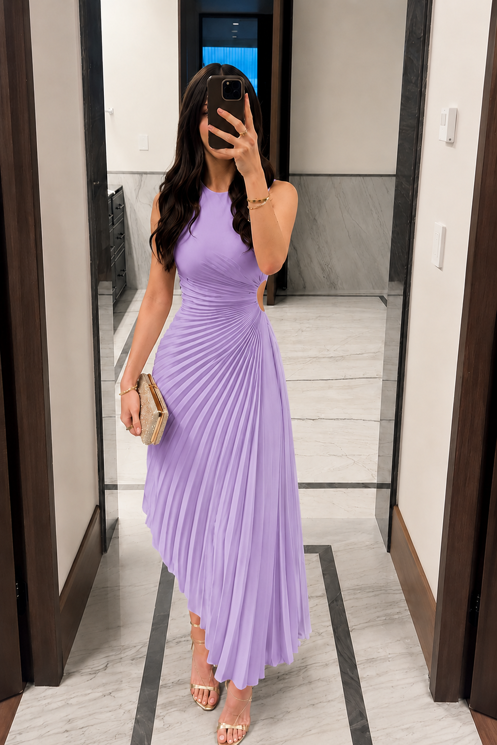Asymmetrical Pleated Cutout Midi Evening Dress