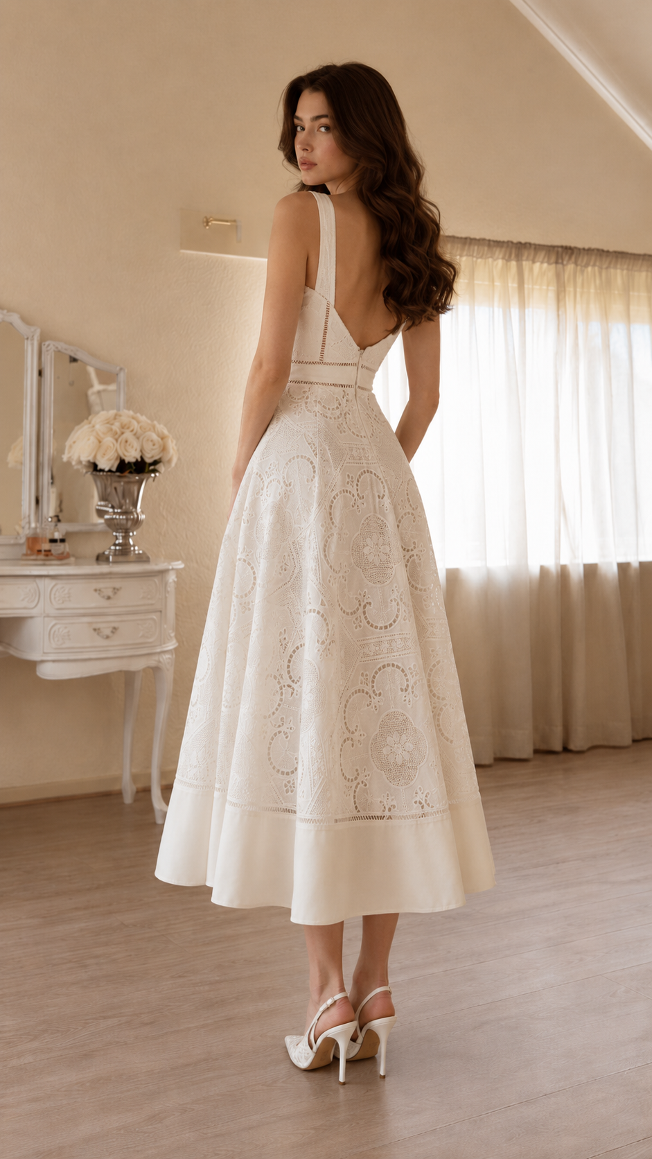 Square Neck Lace Midi Wedding Guest Dress