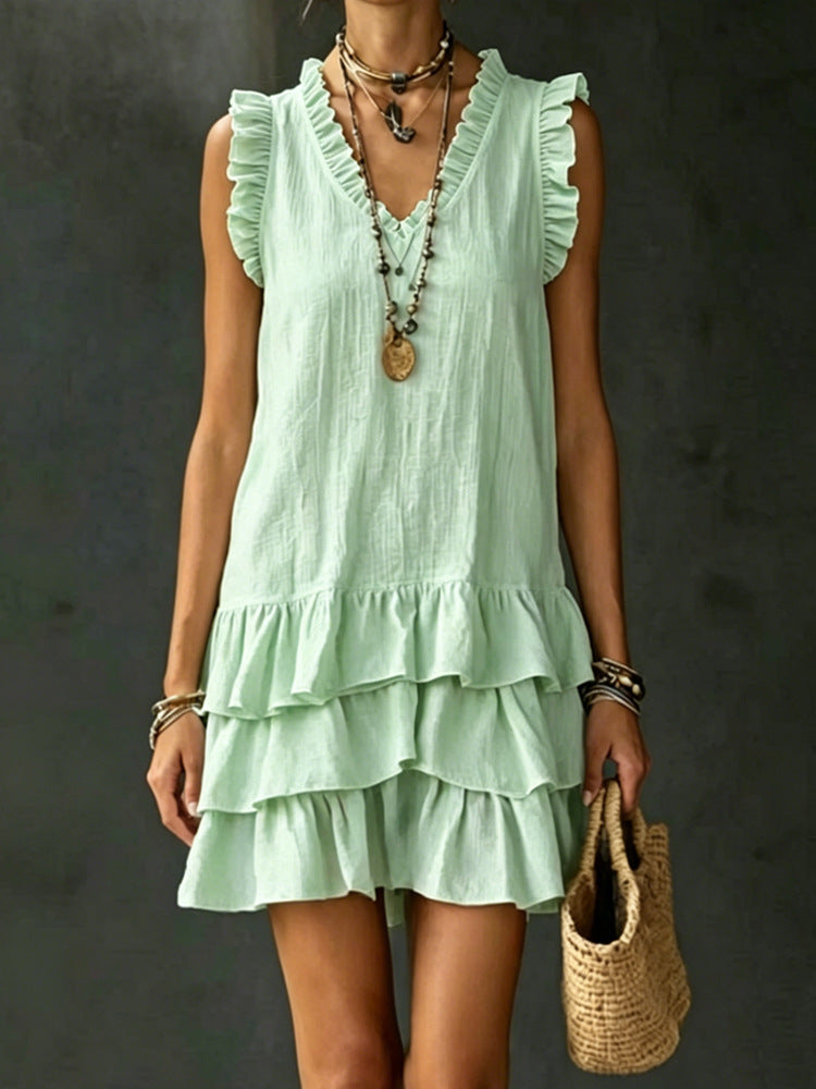 Casual V-Neck Ruffle-Trim Sleeveless Dress