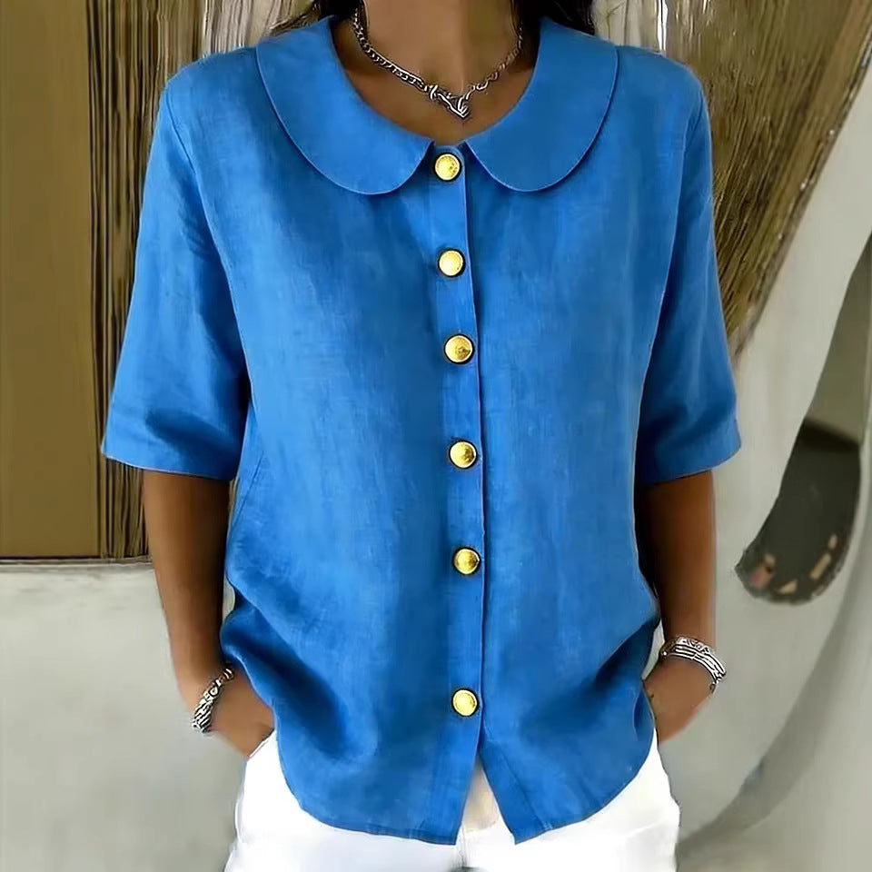 Elegant And Cotton-Linen Short-Sleeve Shirt With Buttons