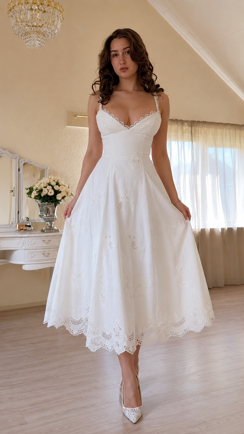 Lace Trim Spaghetti Strap Midi A-Line Dress