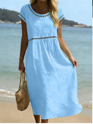 Elegant Round-Neck Cotton-Linen Dress With Embroidered Lace Trim