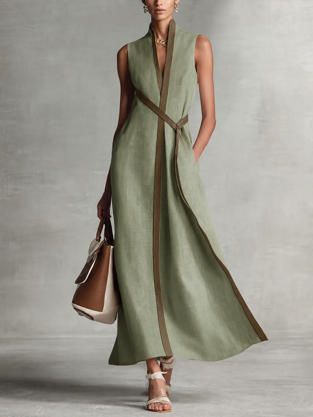 Trim Belted Sleeveless Linen Maxi Dress