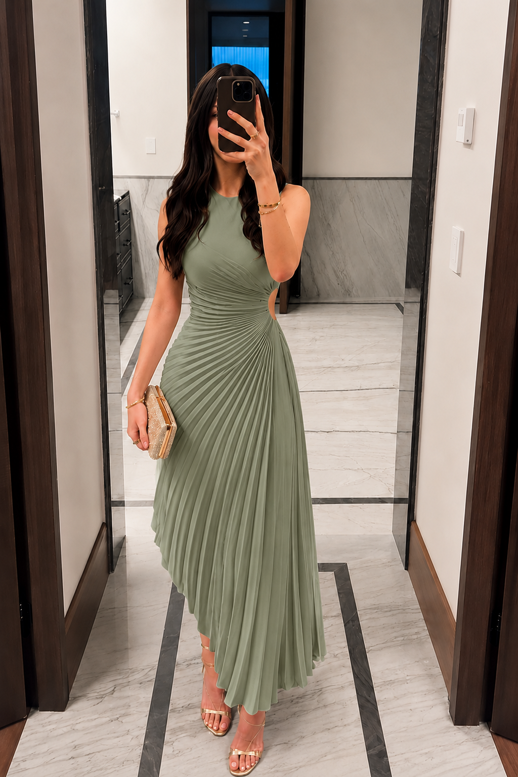 Asymmetrical Pleated Cutout Midi Evening Dress