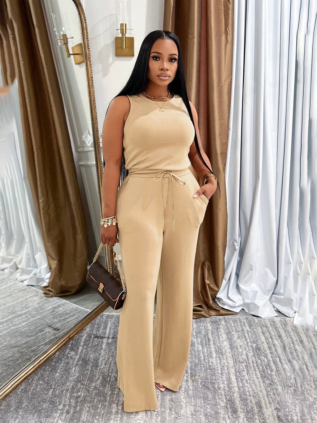 Casual Solid-Colored Lace-Up Jumpsuit