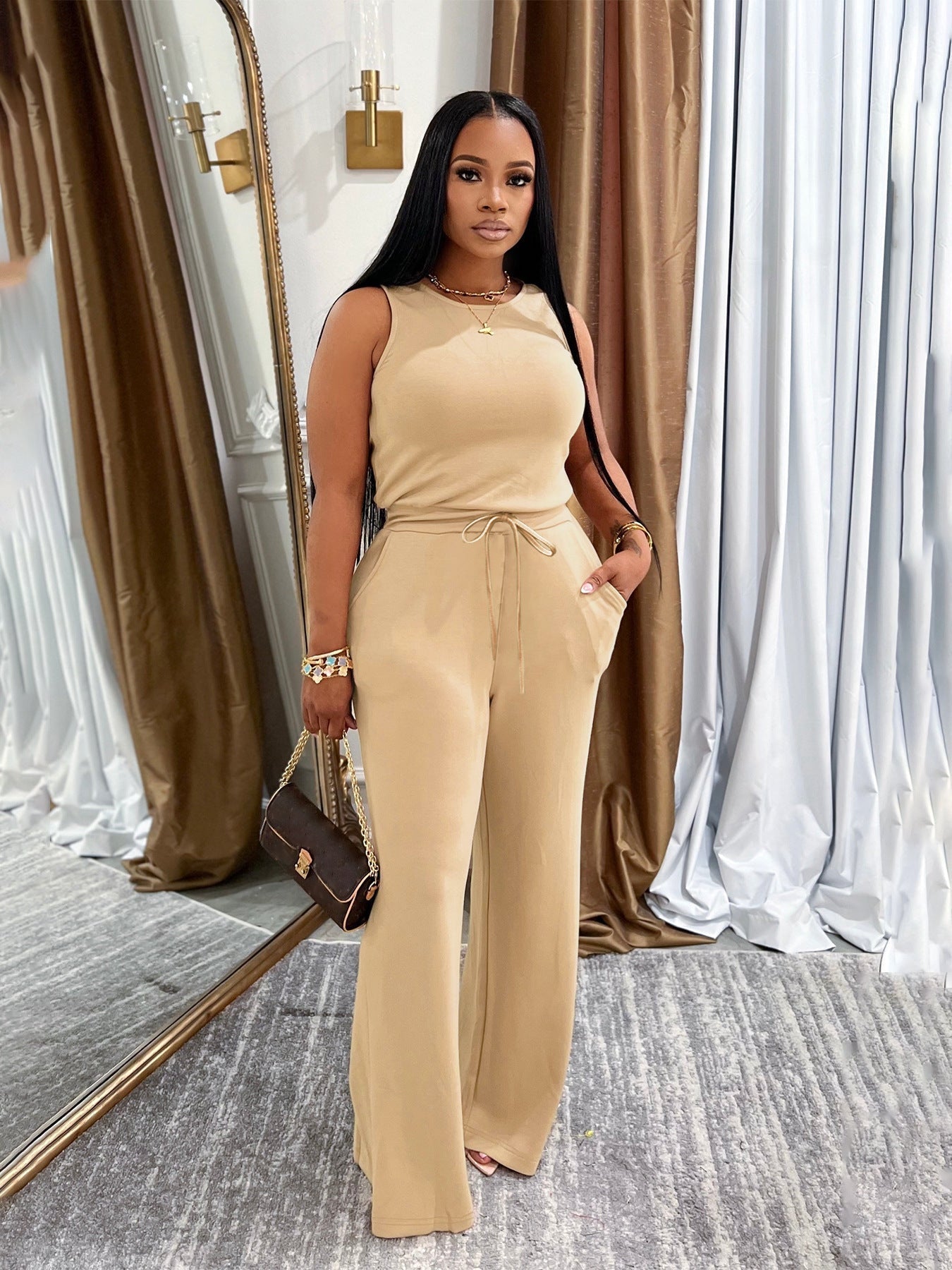 Casual Solid-Colored Lace-Up Jumpsuit