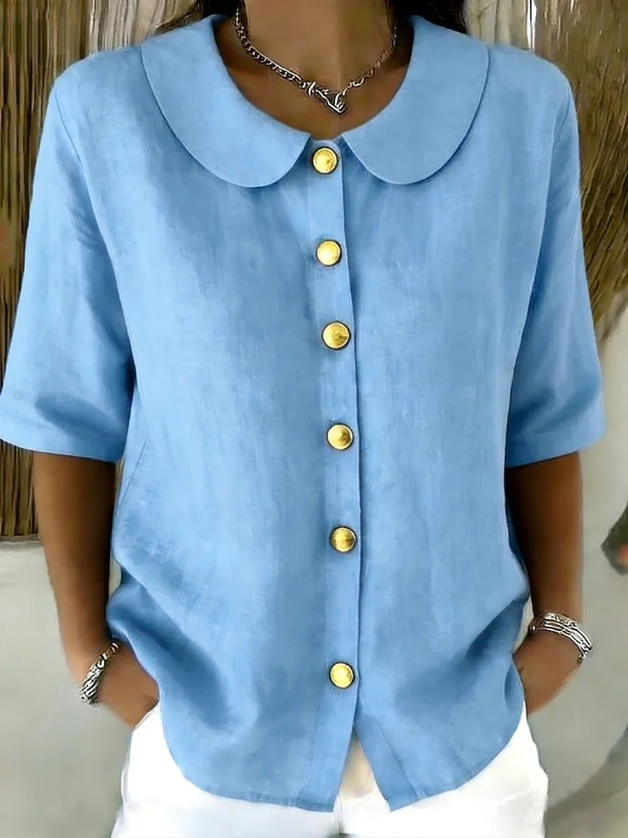 Elegant And Cotton-Linen Short-Sleeve Shirt With Buttons