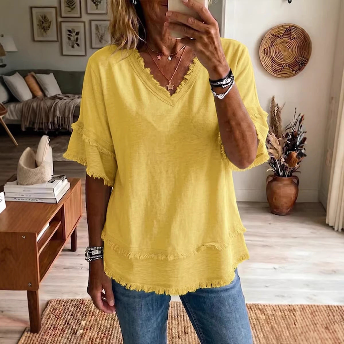 V-Neck Pullover Short-Sleeve Loose Shirt