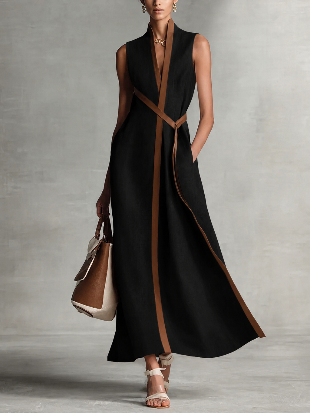 Trim Belted Sleeveless Linen Maxi Dress