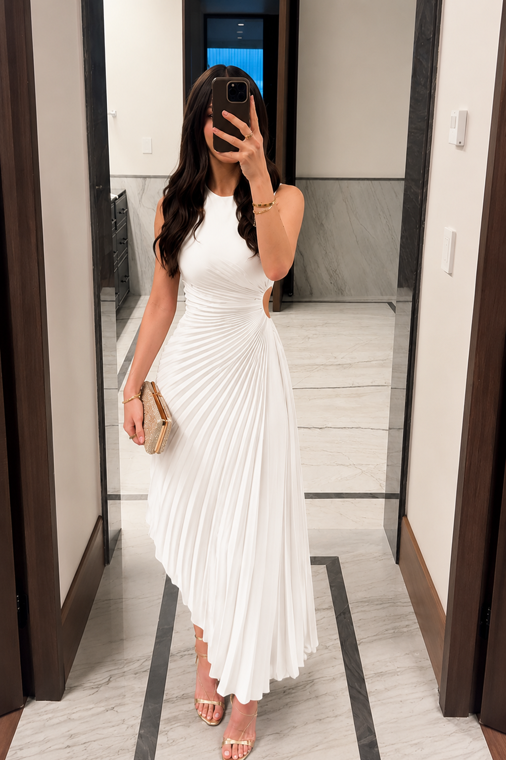 Asymmetrical Pleated Cutout Midi Evening Dress