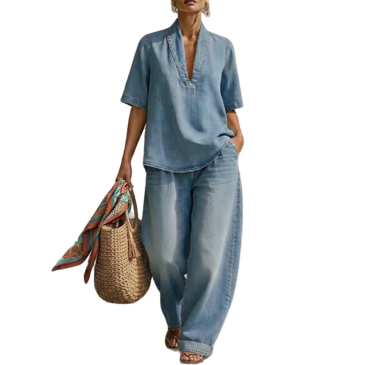 Retro V-Neck Denim Set Loose Half-Sleeve Top And Wide-Leg Pants Two-Piece