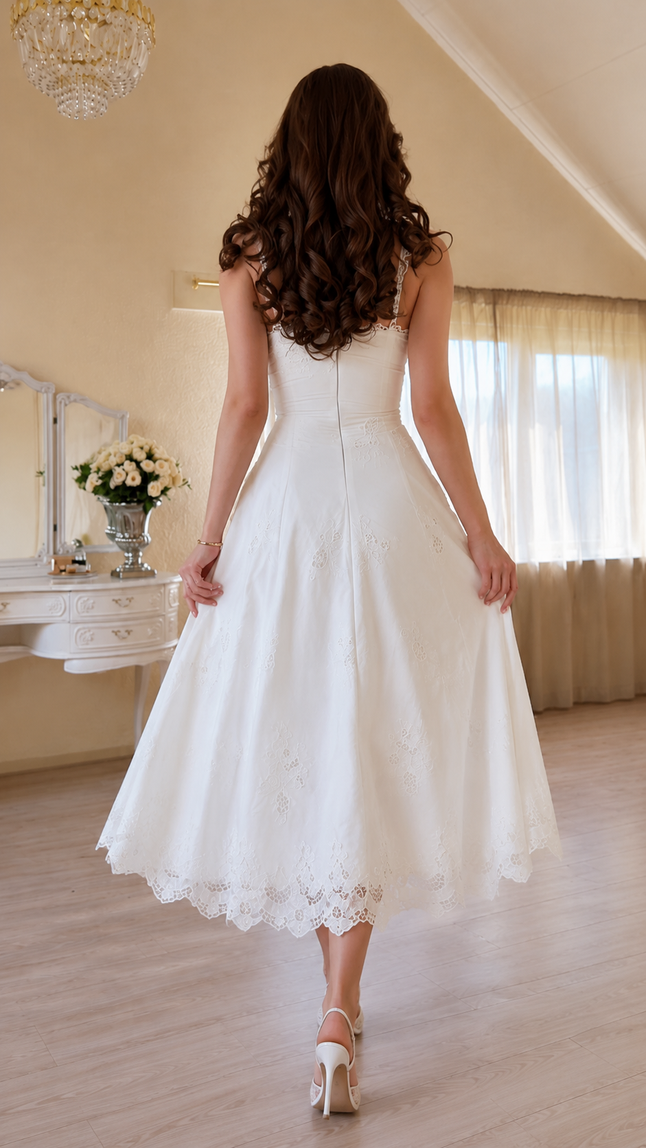 Lace Trim Spaghetti Strap Midi A-Line Dress