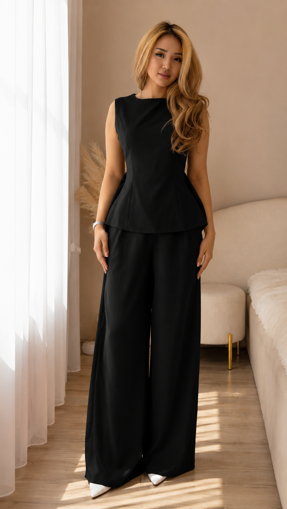 Back Tie Cutout Peplum Pant Two Piece Set