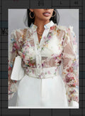 Lace Floral Chiffon Shirt Long Sleeve Ruffle-Trimmed Blouse