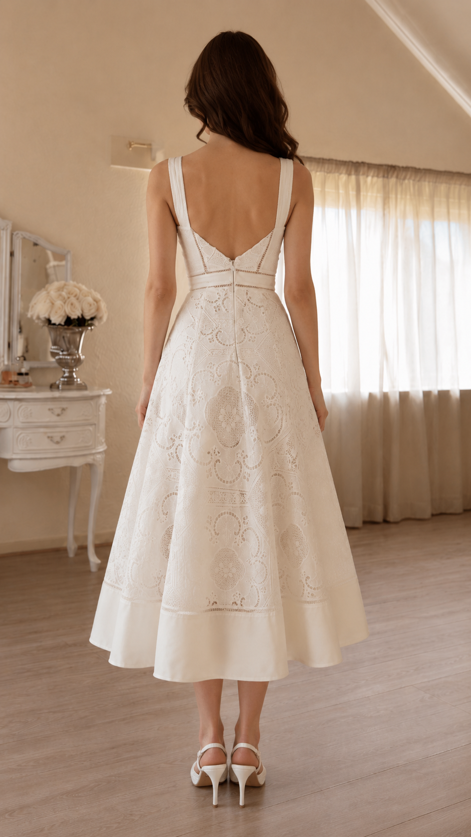 Square Neck Lace Midi Wedding Guest Dress