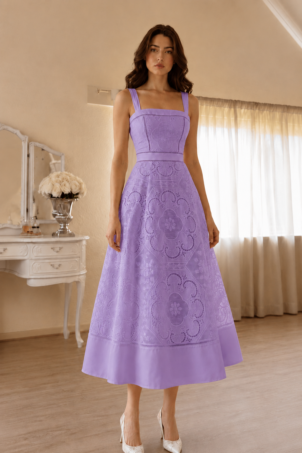 Square Neck Lace Midi Wedding Guest Dress