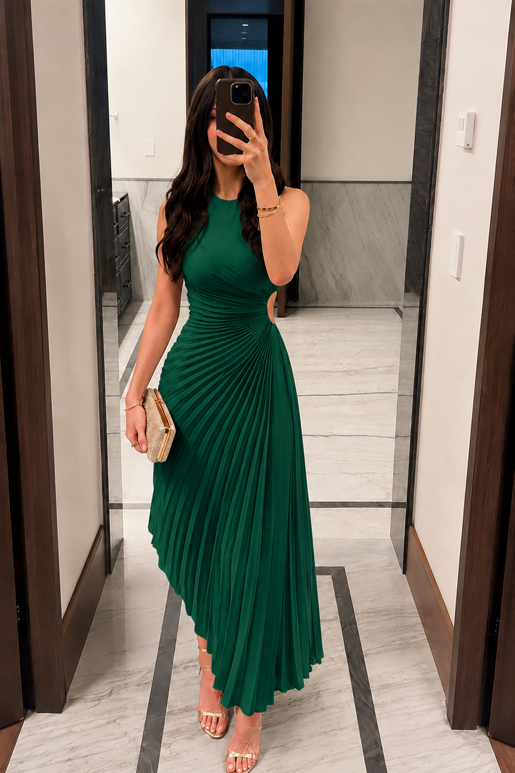 Asymmetrical Pleated Cutout Midi Evening Dress