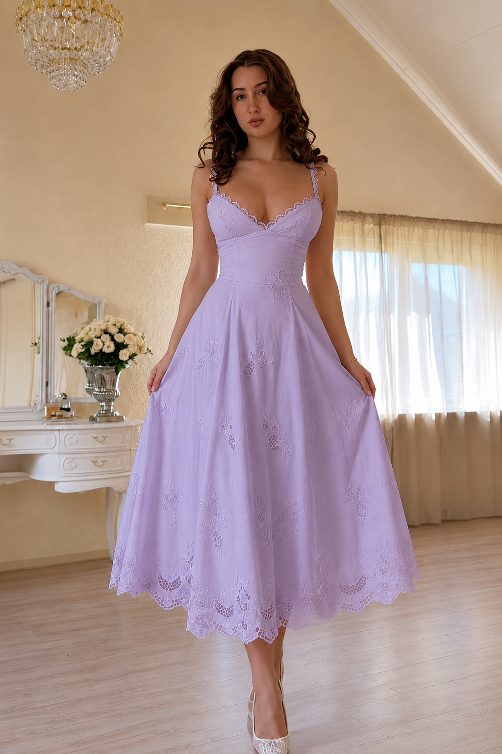 Lace Trim Spaghetti Strap Midi A-Line Dress