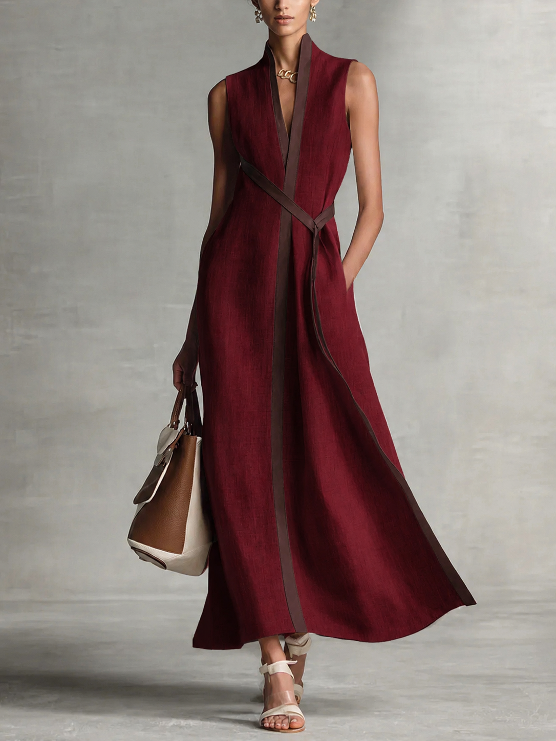 Trim Belted Sleeveless Linen Maxi Dress