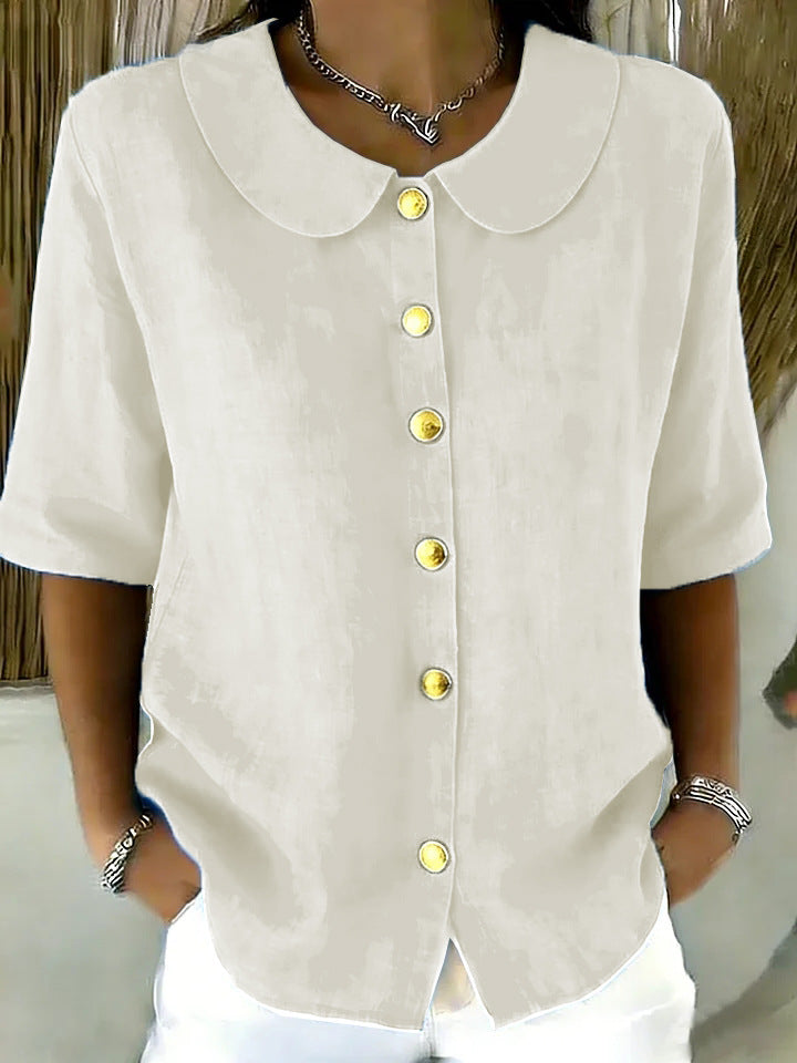 Elegant And Cotton-Linen Short-Sleeve Shirt With Buttons