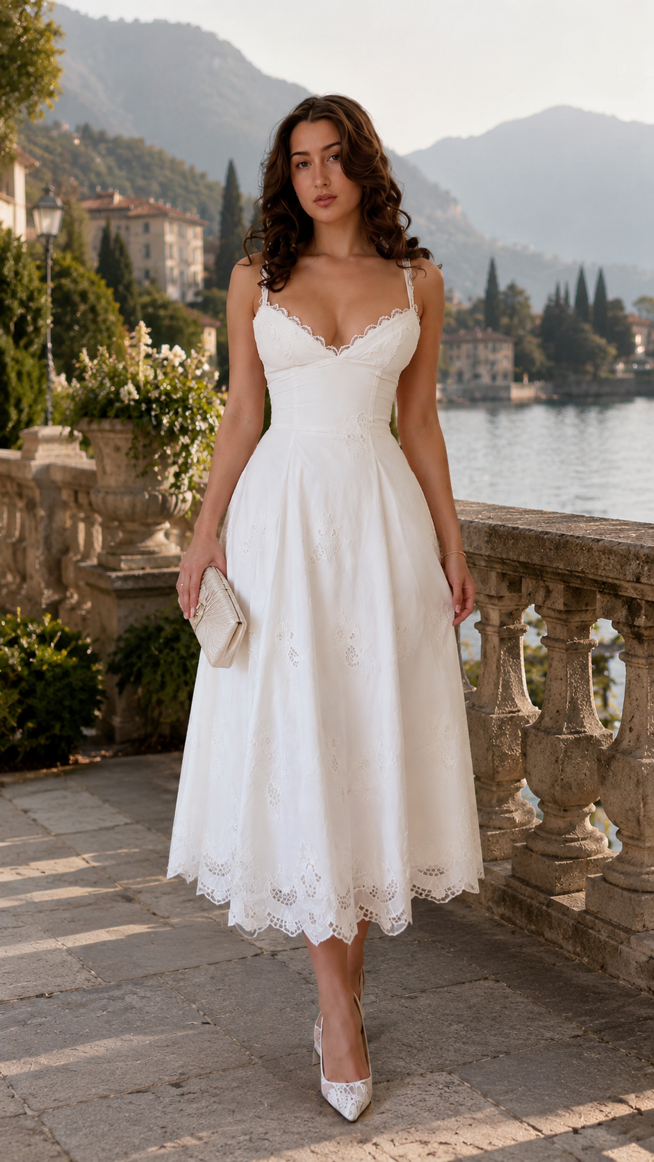 Lace Trim Spaghetti Strap Midi A-Line Dress