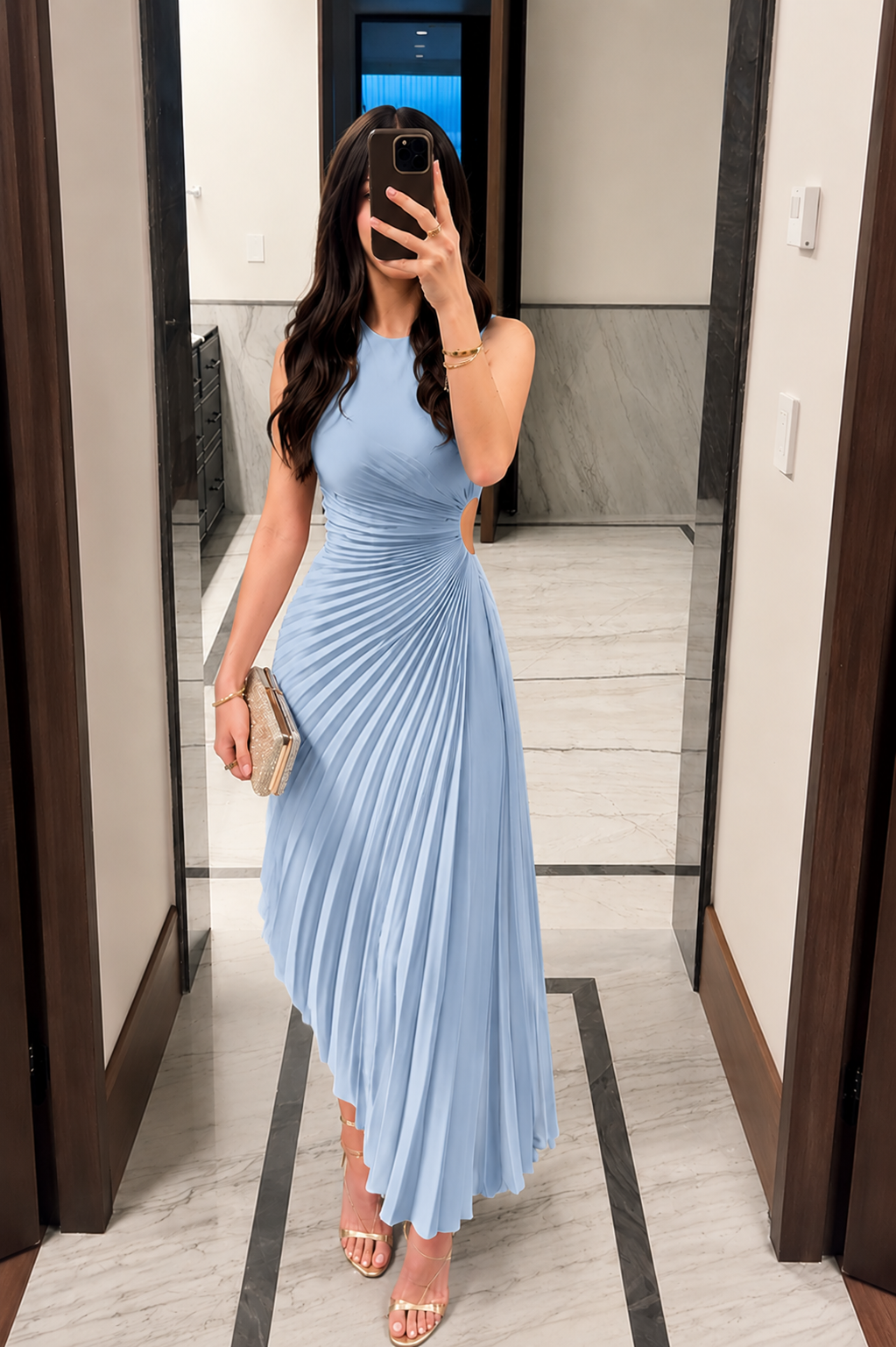 Asymmetrical Pleated Cutout Midi Evening Dress