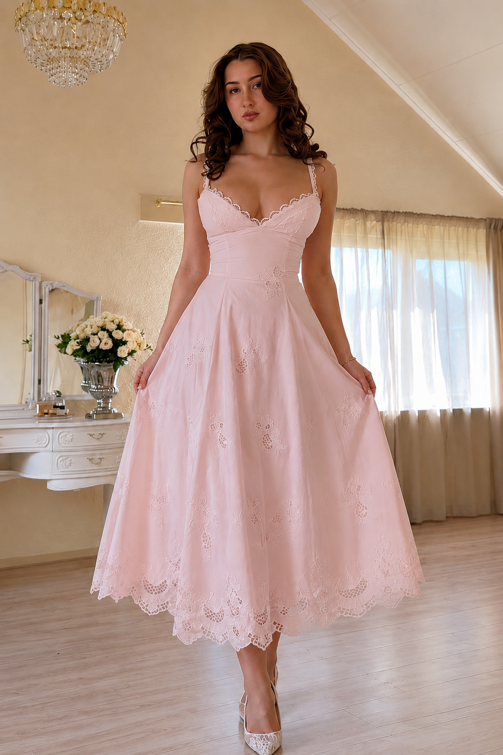 Lace Trim Spaghetti Strap Midi A-Line Dress