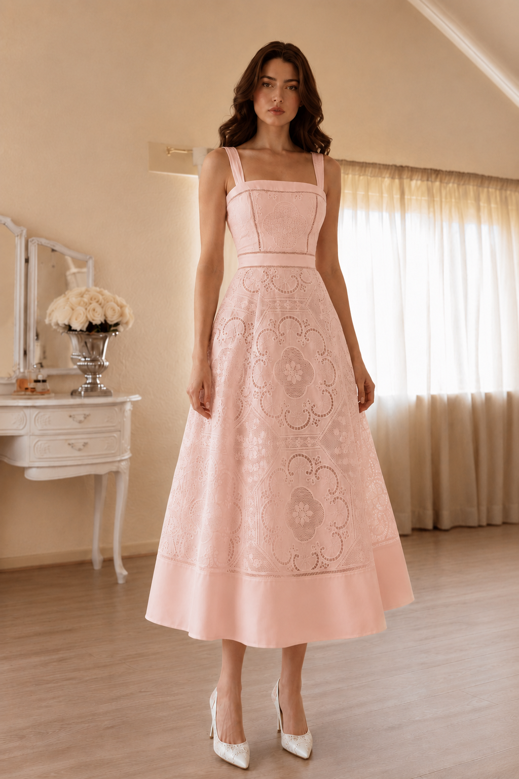 Square Neck Lace Midi Wedding Guest Dress