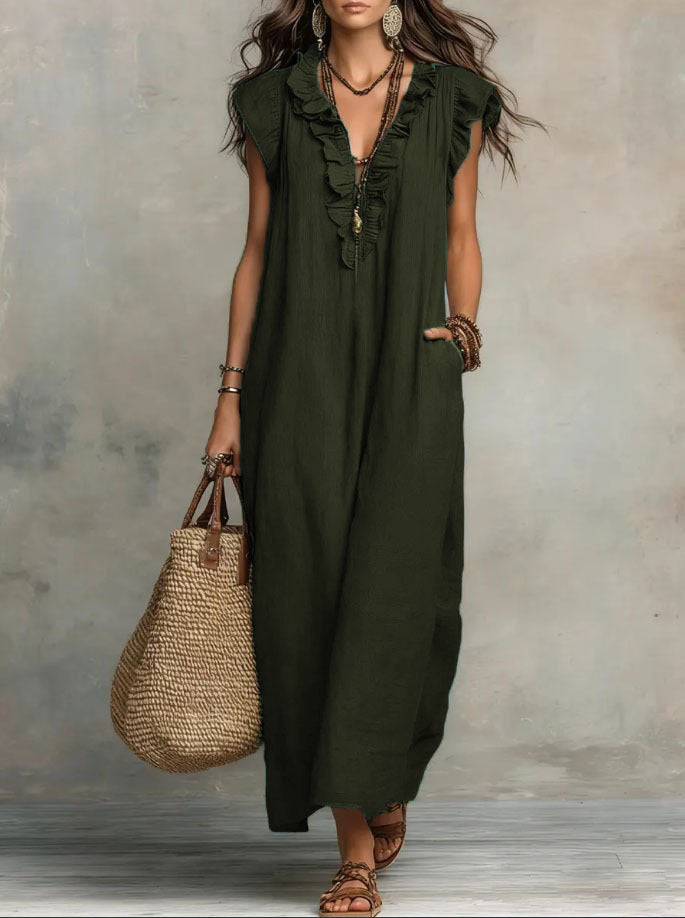 Bohemian Floor-Length Maxi Dress With Flutter Sleeves