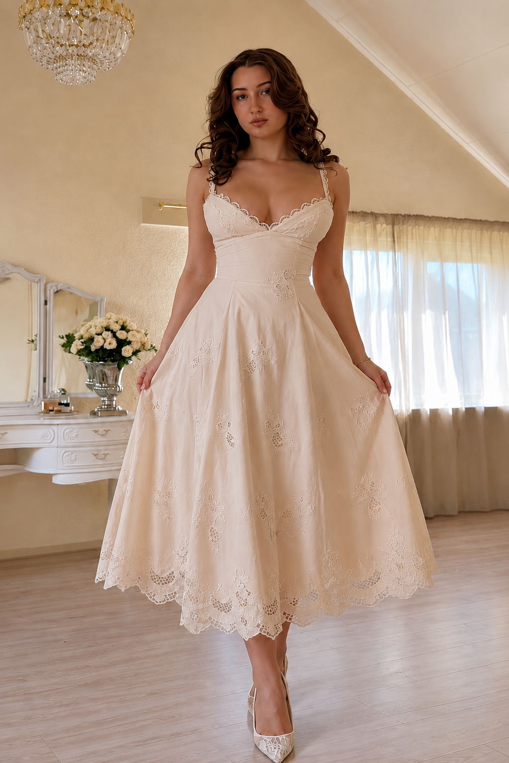 Lace Trim Spaghetti Strap Midi A-Line Dress