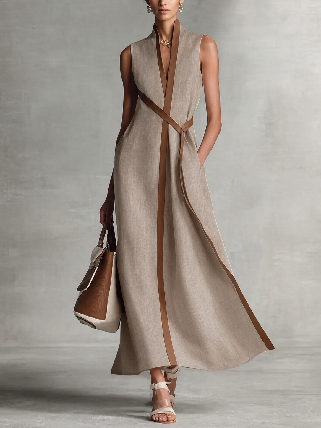 Trim Belted Sleeveless Linen Maxi Dress
