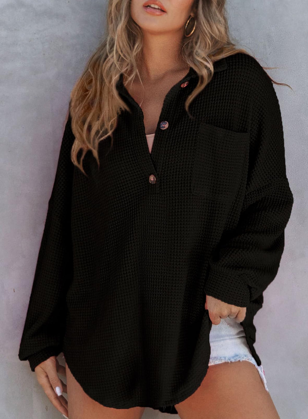 New Waffle Knit Henley V Neck Shirt Jacket