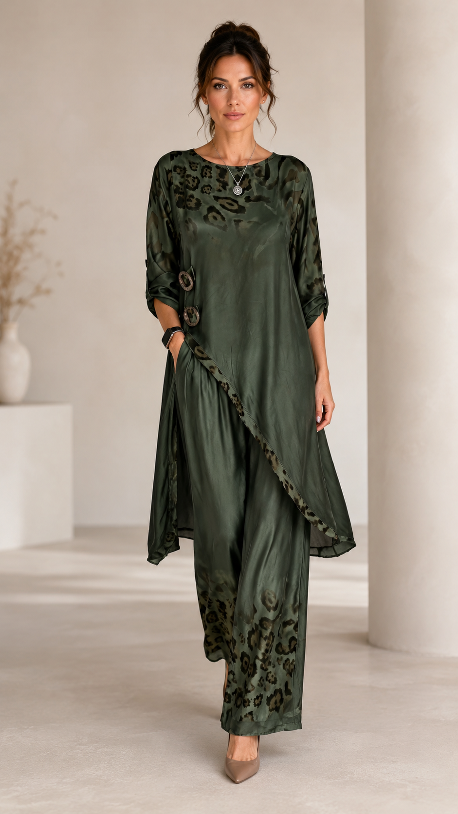 Leopard Satin Two Piece Pant Set