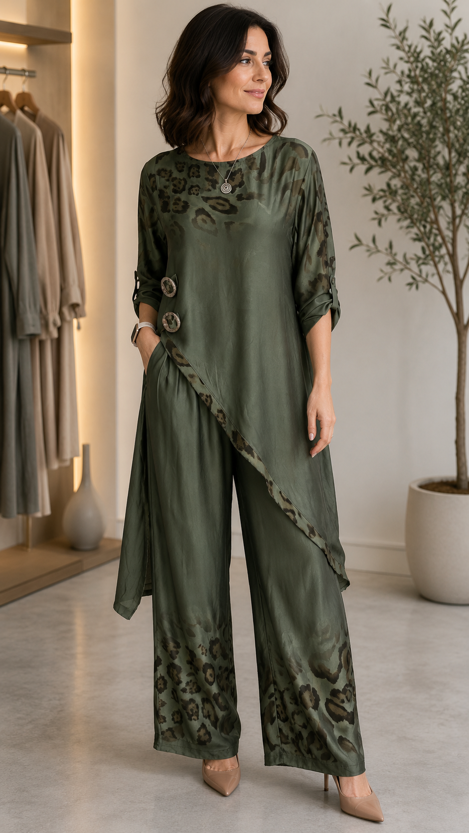 Leopard Satin Two Piece Pant Set