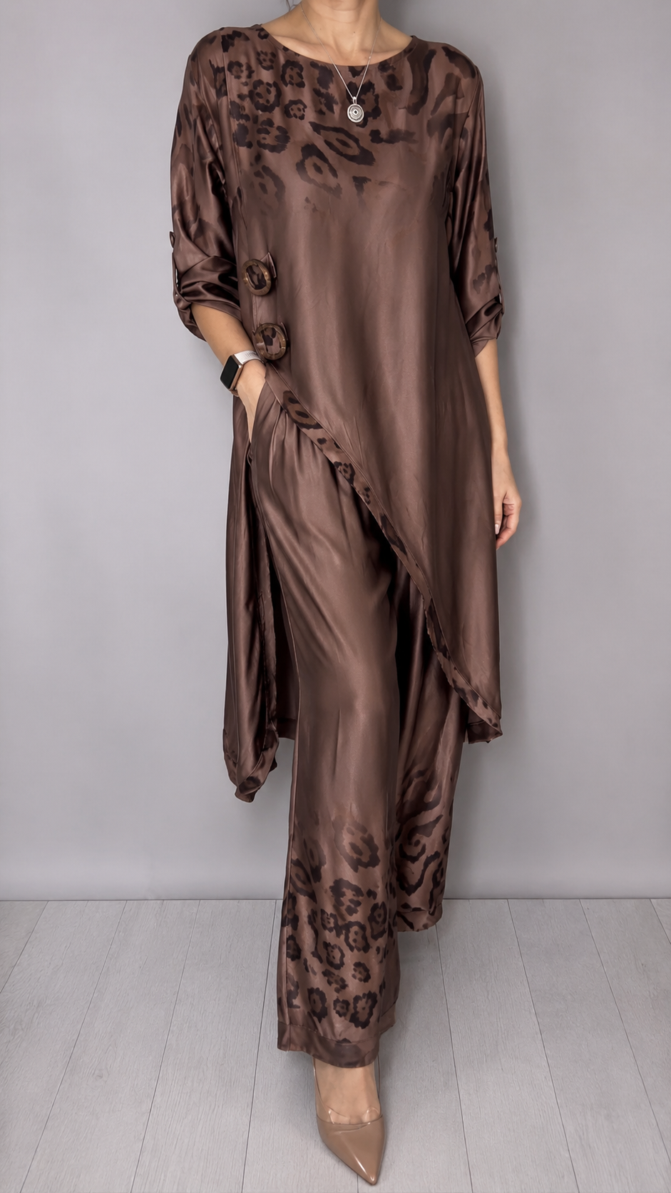 Leopard Satin Two Piece Pant Set
