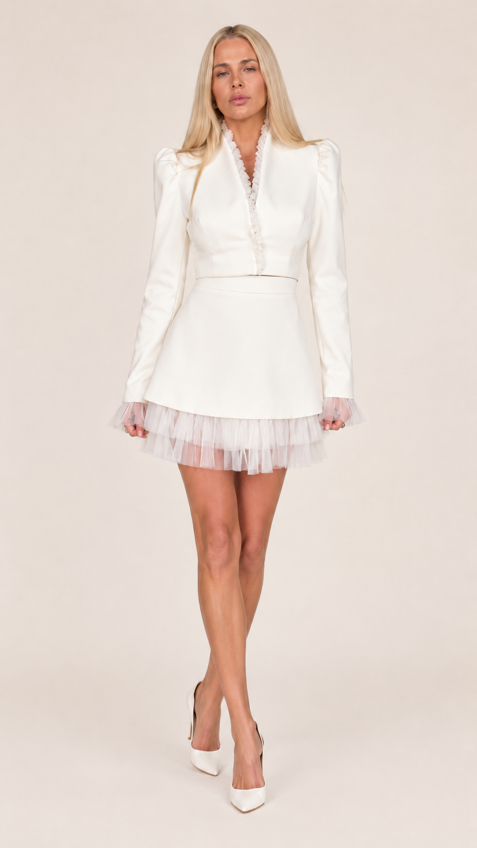 Tulle Trim Blazer Skirt Two Piece Set
