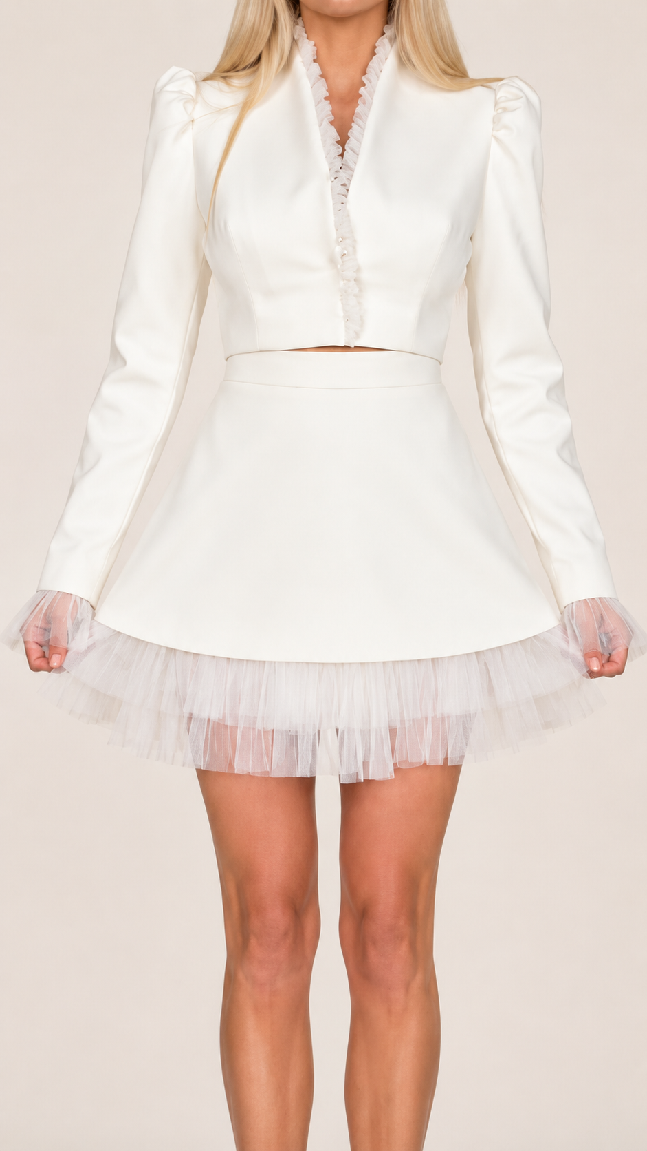 Tulle Trim Blazer Skirt Two Piece Set
