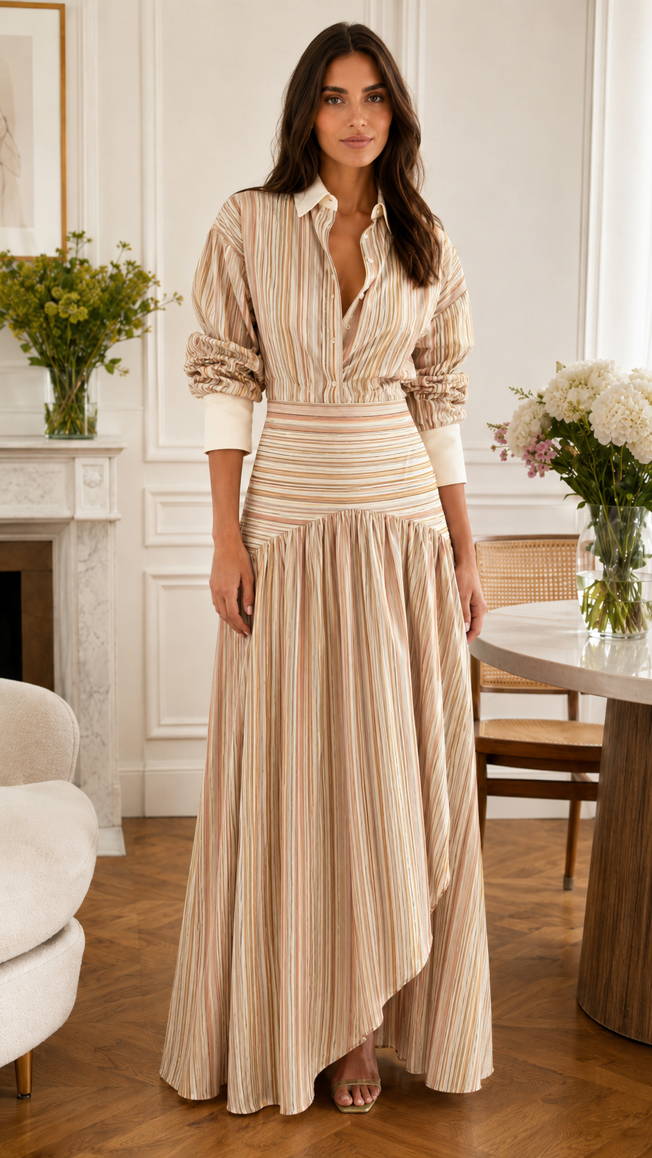 Colorful Stripe Collared Maxi Shirt Dress