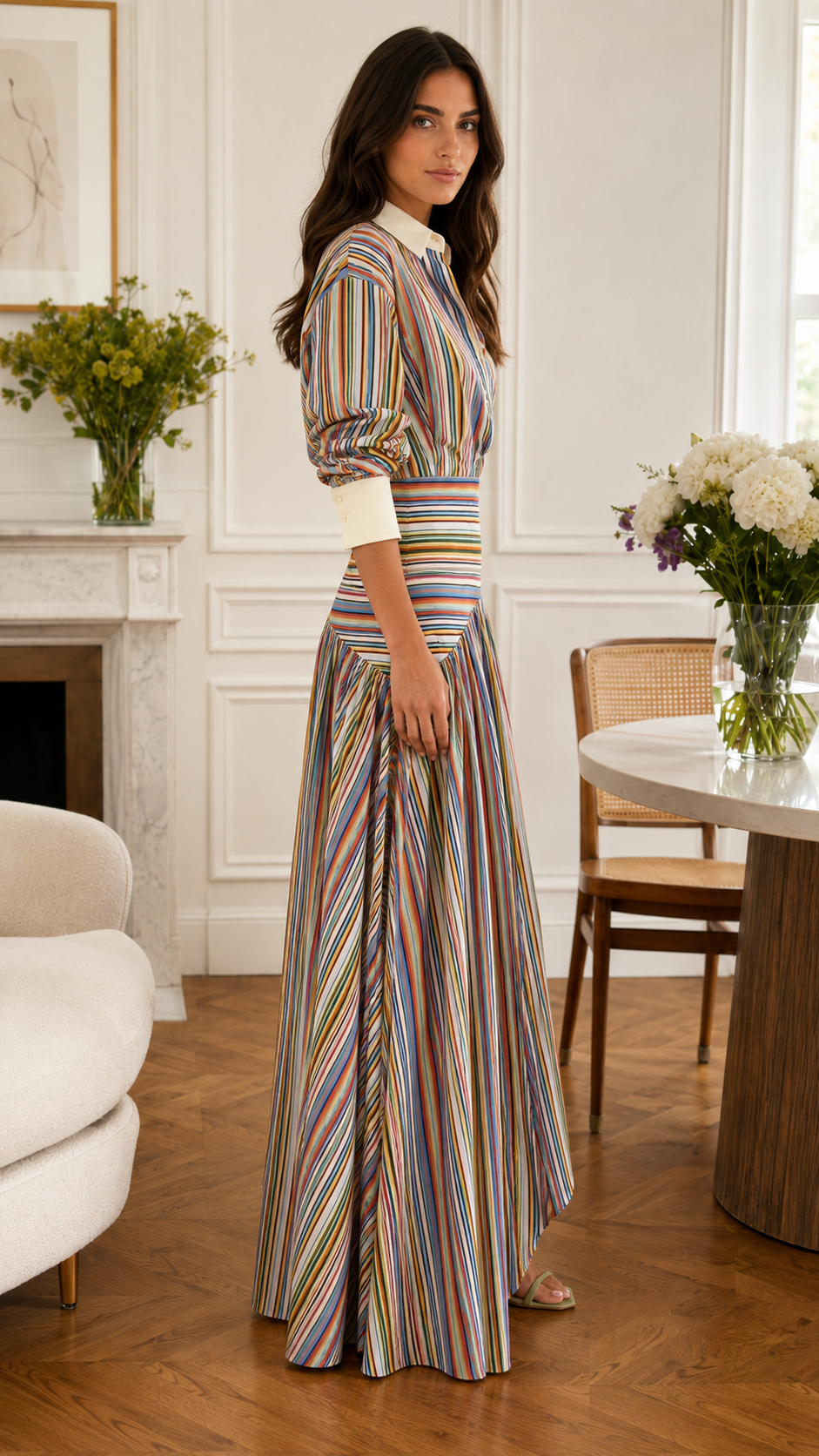 Colorful Stripe Collared Maxi Shirt Dress